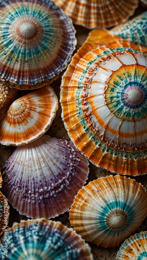 Vibrant seashells showcasing intricate patterns. Vibrant seashells showcasing intricate patterns.
