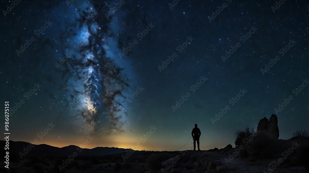 A starry night sky with a silhouette of a person gazin A starry night sky with a silhouette of a person gazin