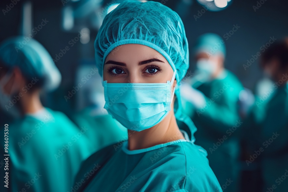 Woman Doctor in Hospital Suit and Medical Mask in an Operating Room. AI generated illustration Woman Doctor in Hospital Suit and Medical Mask in an Operating Room. AI generated illustration