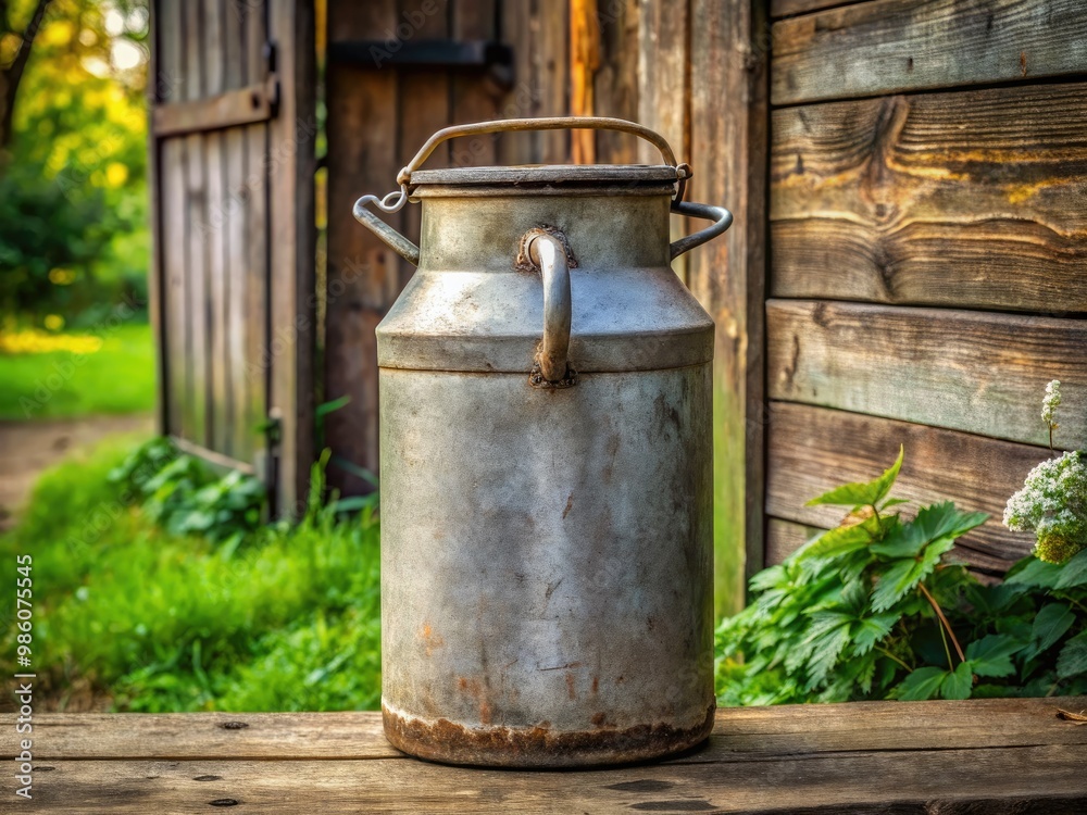 Aged to perfection, the milk can's rustic charm is matched only by the sturdy wooden handle that cradles it like a trusted companion. Aged to perfection, the milk can's rustic charm is matched only by the sturdy wooden handle that cradles it like a trusted companion.