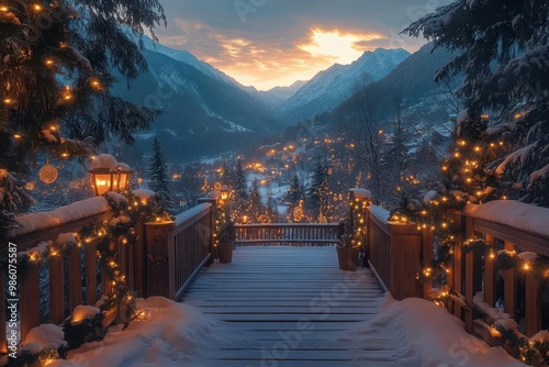 rustic wooden terrace overlooking a breathtaking mountain vista decorated for christmas twinkling lights and festive decorations frame a serene winter landscape bathed in soft twilight