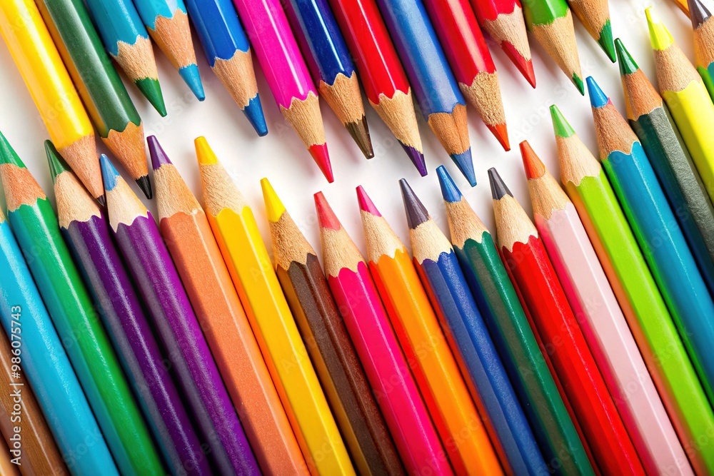 Vibrant pencils in assorted sizes and shapes, randomly scattered on a blank white canvas, creating a playful and whimsical visual display. Vibrant pencils in assorted sizes and shapes, randomly scattered on a blank white canvas, creating a playful and whimsical visual display.