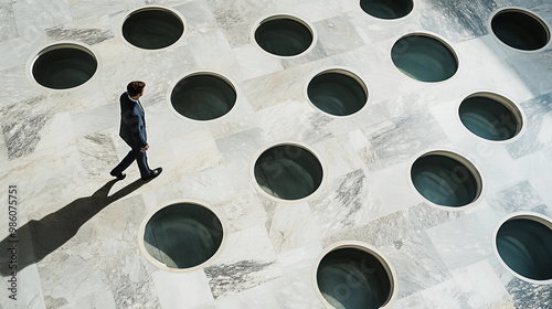 Many pitfalls in the ground and a man in a suit carefully walking between them.