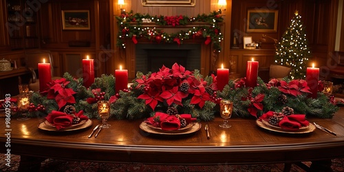Festive Table Setting with Poinsettia Centerpiece and Candlelight
