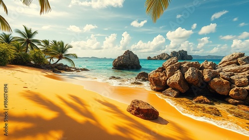 Warm golden sand stretches towards crystal clear waters, palm fronds sway gently in the breeze, and rocky outcroppings punctuate the turquoise shoreline of the secluded Kolona Beach. photo