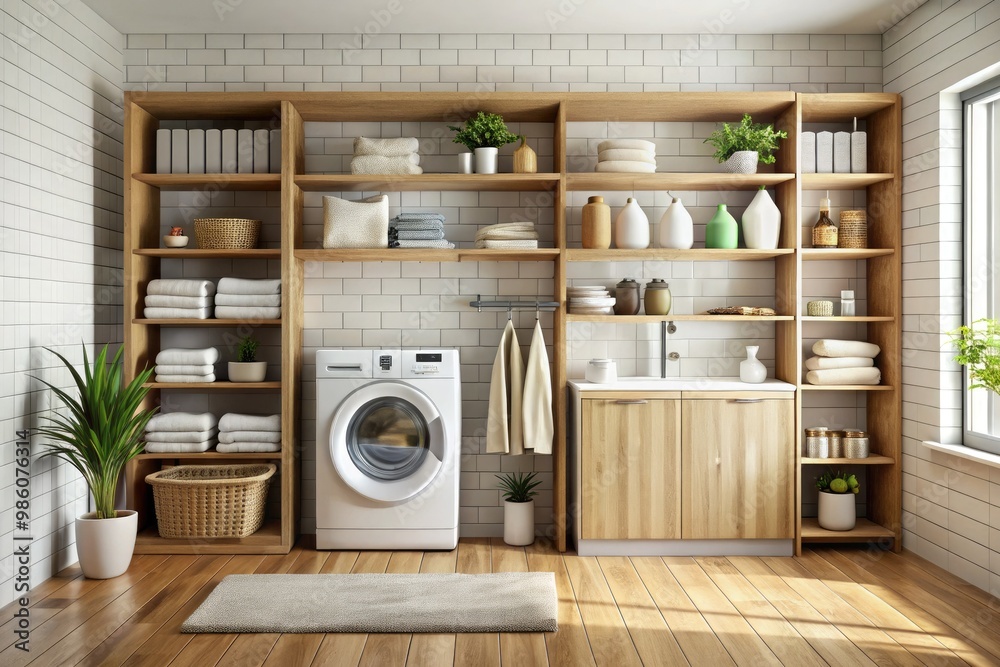 A large, wooden shelf full of clean laundry, towels, and cleaning supplies sits in a bright room with a tiled floor. A large, wooden shelf full of clean laundry, towels, and cleaning supplies sits in a bright room with a tiled floor.