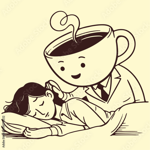 coffee cup wakes up a sleeping woman vintage sketch