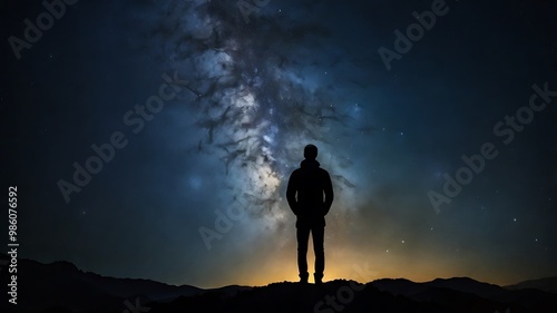 A starry night sky with a silhouette of a person gazin