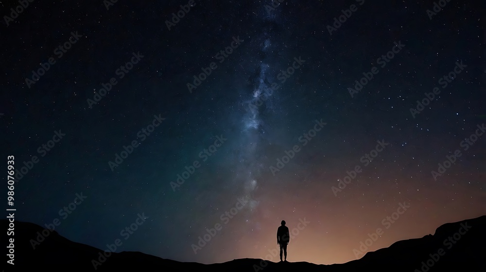 Fototapeta premium A starry night sky with a silhouette of a person gazin