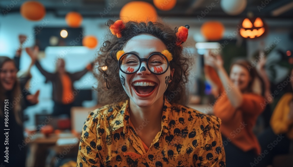 A joyful woman in costume celebrates Halloween at a party with decorations, laughter, and vibrant energy all around her. A joyful woman in costume celebrates Halloween at a party with decorations, laughter, and vibrant energy all around her.