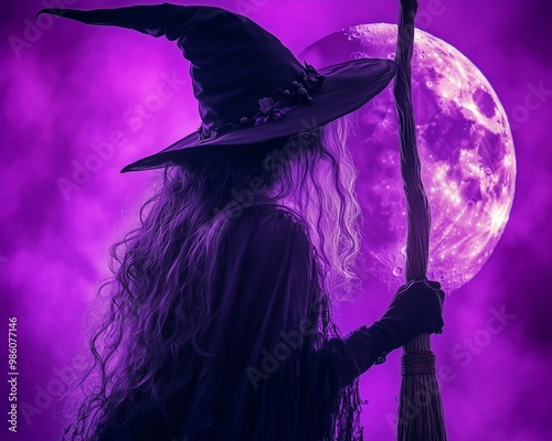 A mysterious witch silhouette against a vibrant purple moonlit sky, capturing the essence of magic and enchantment.