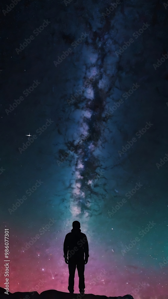 A starry night sky with a silhouette of a person gazin A starry night sky with a silhouette of a person gazin