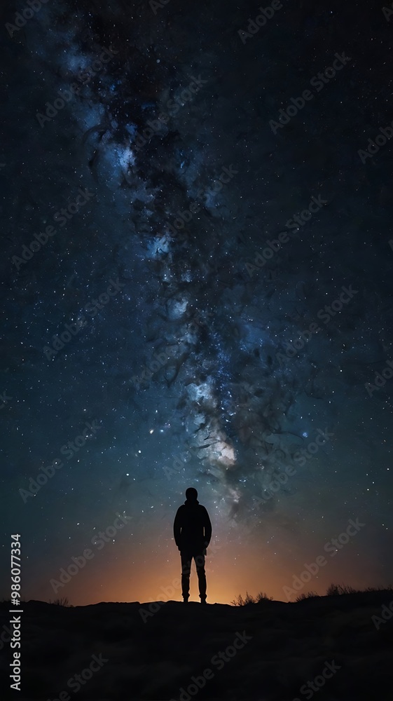 Fototapeta premium A starry night sky with a silhouette of a person gazin