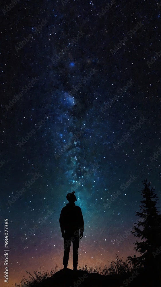 A starry night sky with a silhouette of a person gazin A starry night sky with a silhouette of a person gazin