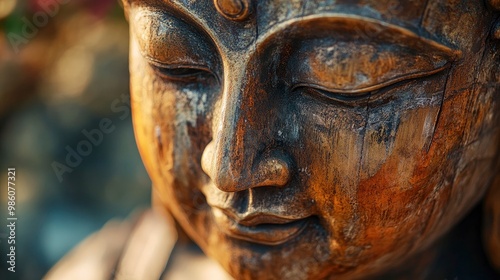 A close-up view of a Buddha statueâ€™s serene face, captured with soft, diffused lighting that emphasizes the smooth texture and tranquil expression. The blurred background creates a contemplative photo