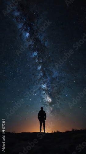 A starry night sky with a silhouette of a person gazin
