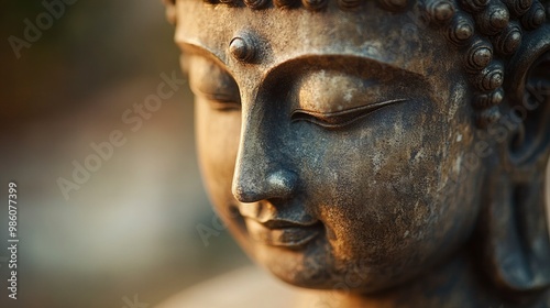 A close-up view of a Buddha statueâ€™s serene face, captured with soft, diffused lighting that emphasizes the smooth texture and tranquil expression. The blurred background creates a contemplative