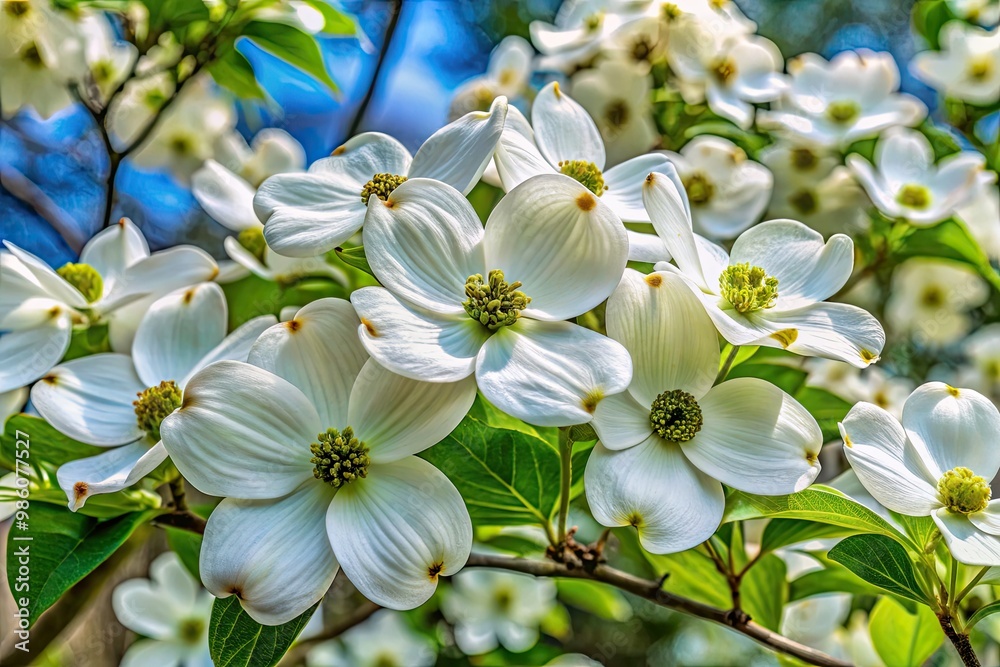 A majestic mature dogwood tree bursts into full bloom, showcasing its tender white flowers and lush, emerald-green foliage against a clear blue sky. A majestic mature dogwood tree bursts into full bloom, showcasing its tender white flowers and lush, emerald-green foliage against a clear blue sky.