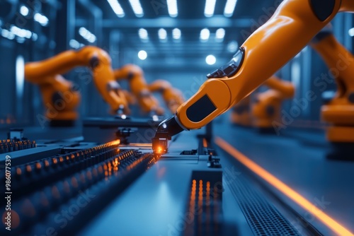 Wallpaper Mural Close-up of an Orange Robotic Arm Working on an Assembly Line Torontodigital.ca