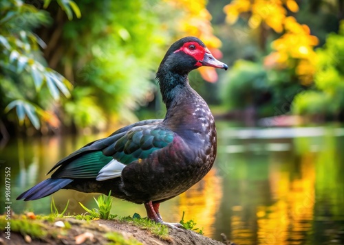 A majestic Muscovy duck, its sleek black plumage glistening in the soft light, pauses beside the water, with a hazy vista of trees and plants indistinctly blurred behind.