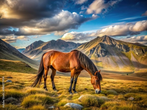 A majestic wild horse gallops effortlessly through the vast, rugged terrain, its strength and freedom palpable in every step.