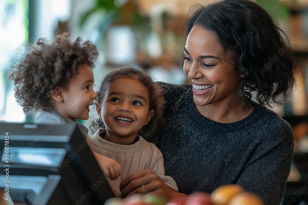Smiling african american mother with two children in a store, all laughing and interacting, concept of family shopping and joyful moments. Small Business Saturday Smiling african american mother with two children in a store, all laughing and interacting, concept of family shopping and joyful moments. Small Business Saturday