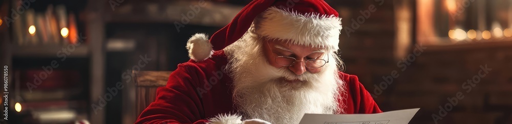 A festive scene with Santa Claus reading a letter, surrounded by holiday decorations and warm, cozy lights. A festive scene with Santa Claus reading a letter, surrounded by holiday decorations and warm, cozy lights.