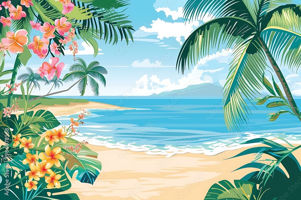 Obraz premium Tropical Beach Landscape with Palm Trees and Flowers