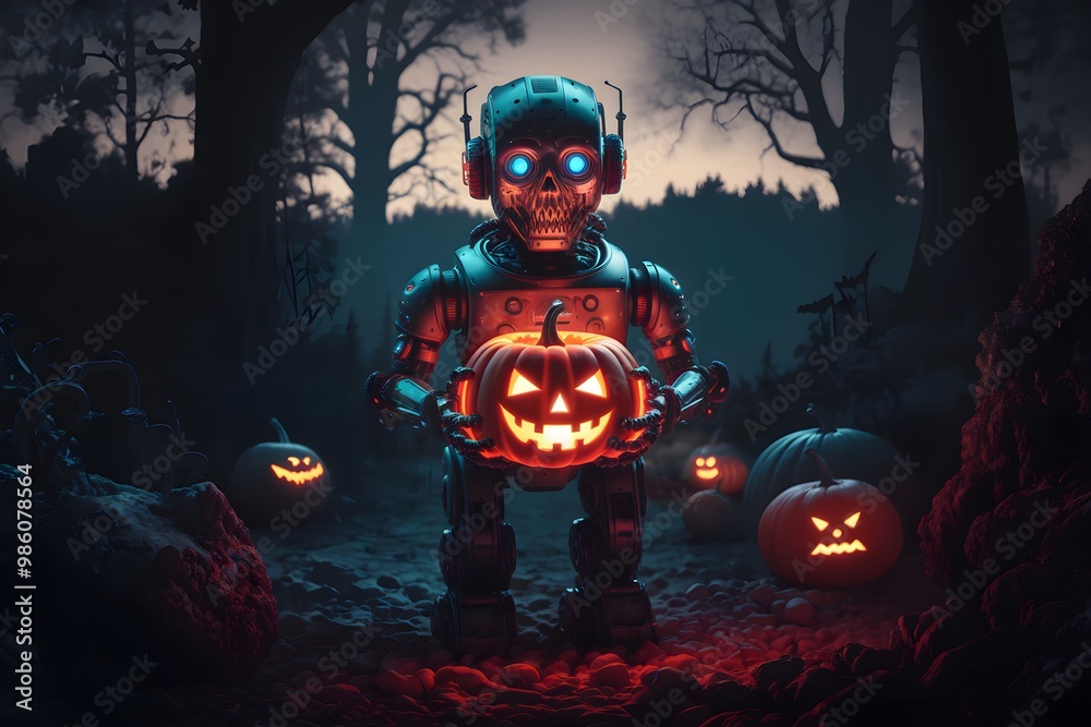 A robot is holding a pumpkin in a forest