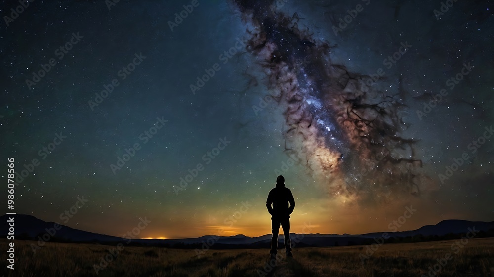 Fototapeta premium A starry night sky with a silhouette of a person gazin