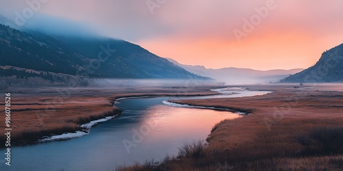 Mountain River at Sunrise with Mist
