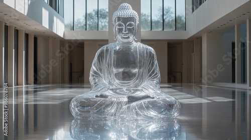 A contemporary Buddha sculpture crafted from glass, set in a minimalist art gallery with clean, modern design elements. The translucent nature of the sculpture catches and refracts the light, photo