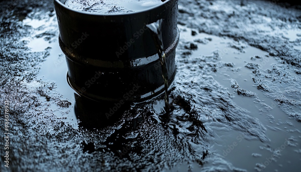Collapsing Oil Barrel and Spilling Black Oil in a West Field Reflecting ...