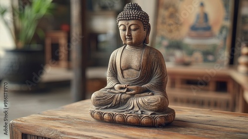 A small Buddha figurine made of carved wood, displayed on a rustic wooden table with a backdrop of traditional Asian artwork. The figurineâ€™s smooth texture and serene expression are highlighted by photo