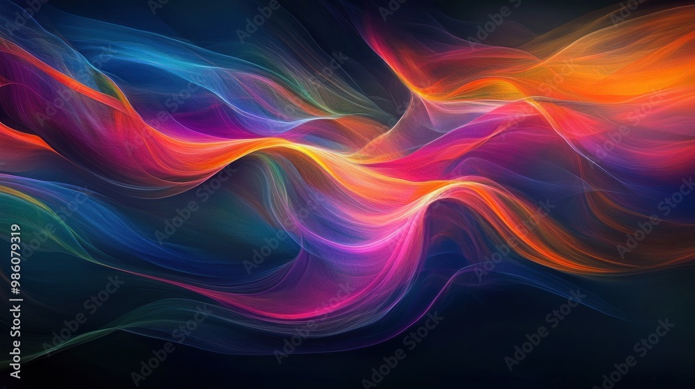 Fototapeta premium Abstract colorful wavy lines on a black background.