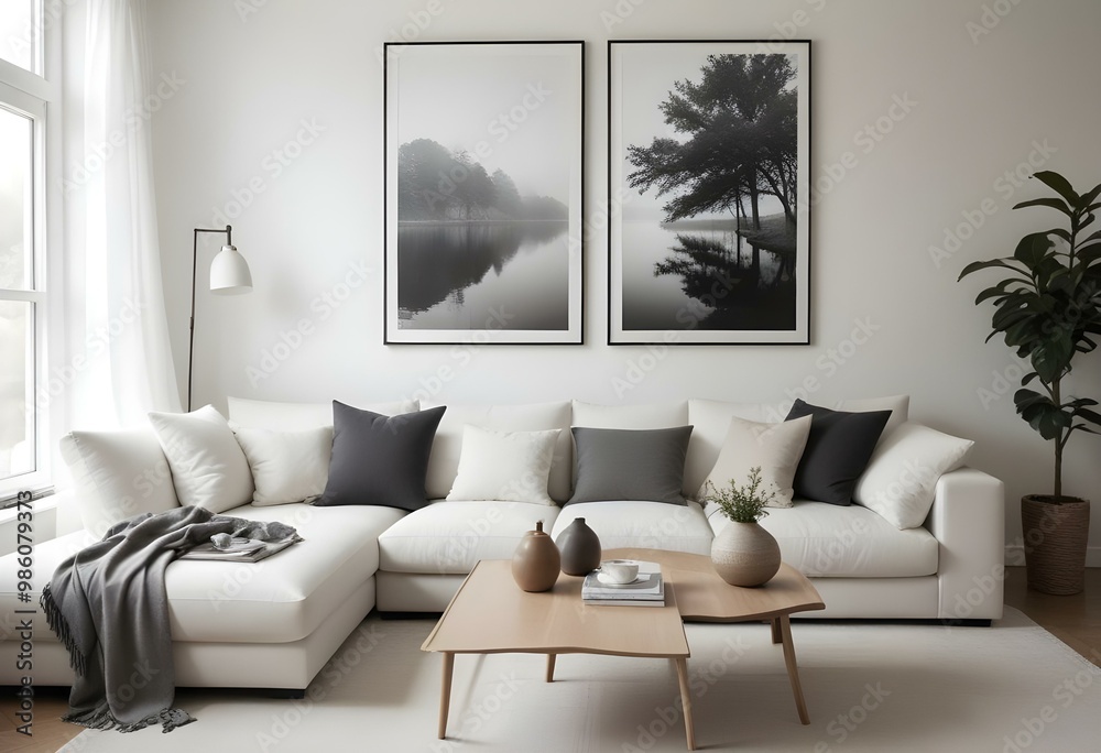 A minimalist living room with a white sectional sofa, wooden coffee table, and two framed black and white landscape photographs on the wall. A minimalist living room with a white sectional sofa, wooden coffee table, and two framed black and white landscape photographs on the wall.