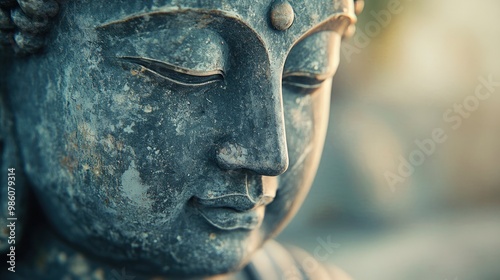 A detailed close-up of a Buddha statueâ€™s face, captured with soft, diffused lighting that emphasizes the smooth texture and serene expression. The blurred background creates a contemplative photo