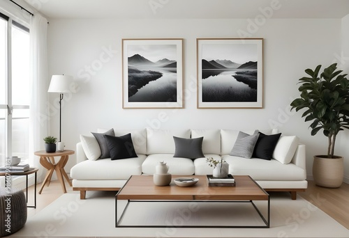 A minimalist living room with a white sectional sofa, wooden coffee table, and two framed black and white landscape photographs on the wall.