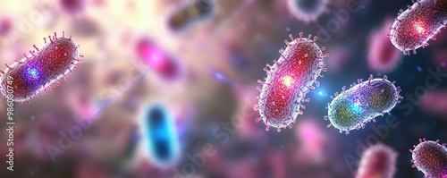 Visualization of bacterial quorum sensing, colorful bacteria communicating with light pulses, quorum sensing, microbiology, communication