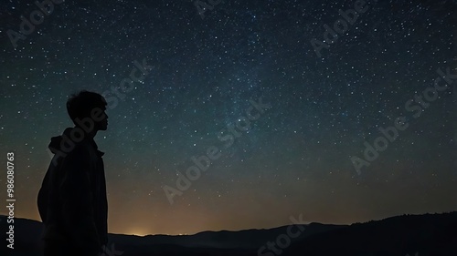 A starry night sky with a silhouette of a person gazin