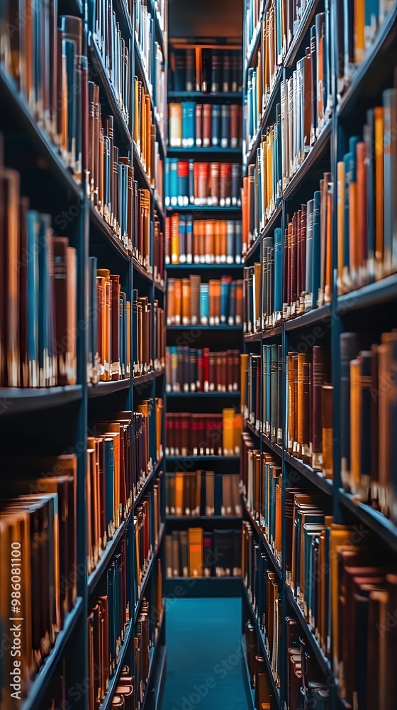 Fototapeta premium A wide view of rows and rows of books in the library, low-angle shot, depth of field, close-up, cinematic