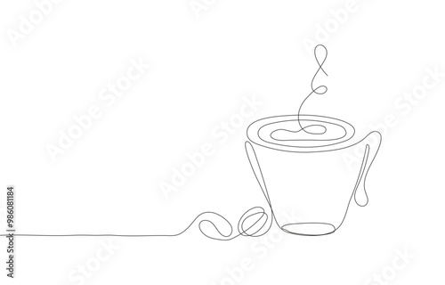 continuous line art drawing of a coffee cup with coffee beans. This minimalist illustration captures the essence of a warm, comforting cup of coffee alongside its key ingredient coffee