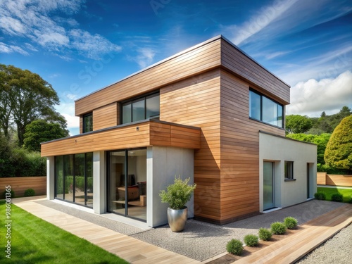 A small, contemporary home with a flat roofline and wooden exterior panels presents a clean, modern exterior. photo