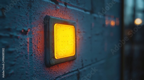 A soft, warm yellow light radiates from a square fixture mounted on a weathered wall, casting a gentle glow as twilight settles in the background