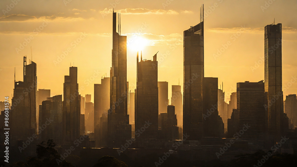 Naklejka premium Modern city skyscrapers glowing in the golden afternoon light.
