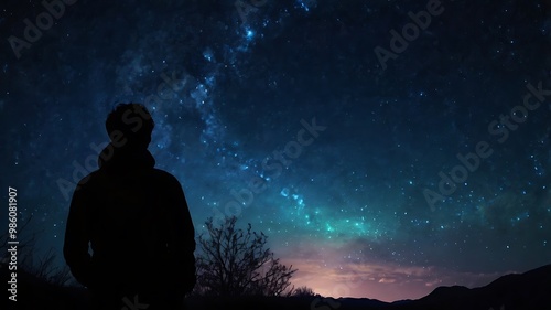 A starry night sky with a silhouette of a person gazin