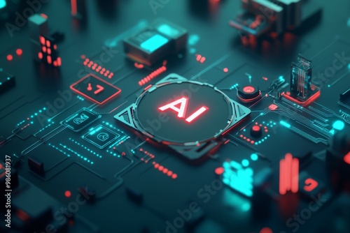 3D digital icon with the word "AI" in the center, 3D illustration of a glowing "AI" logo on a chip