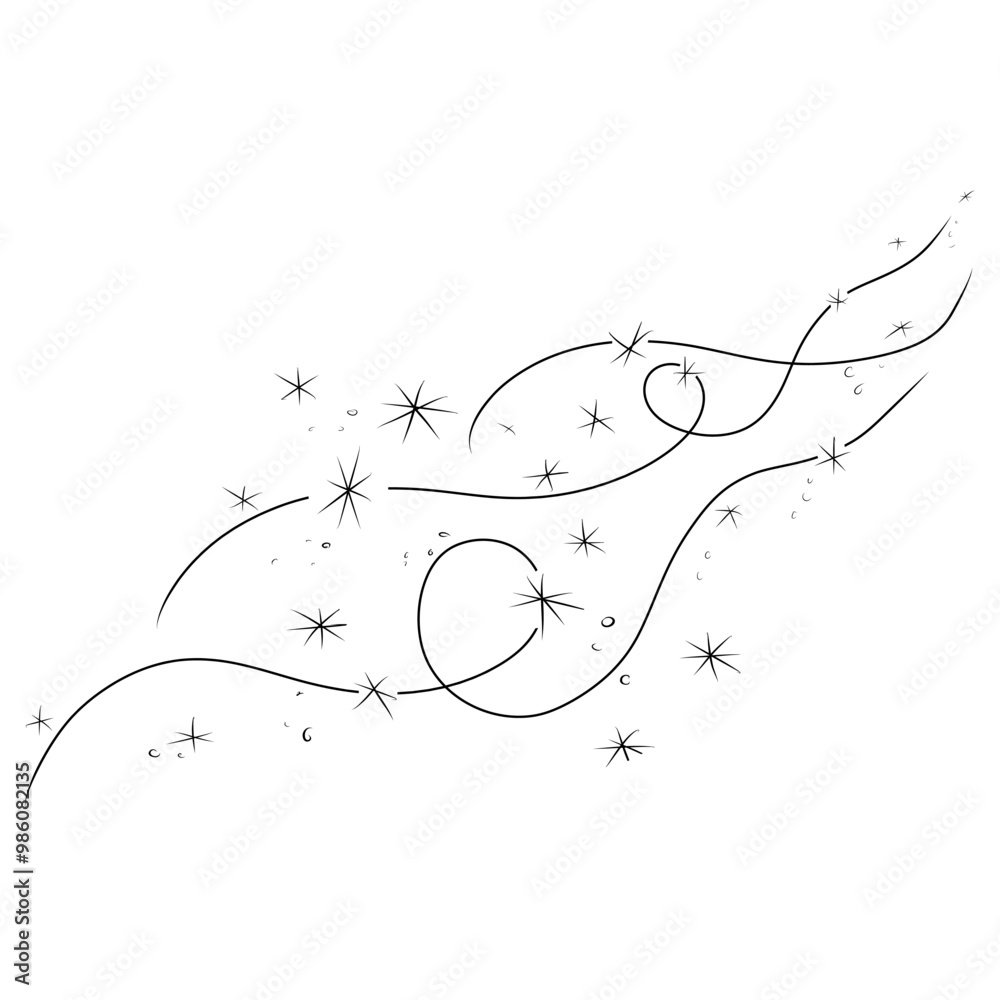 Doodle air wind and flying snowflakes in hurricane blow or windy storm, line vector. Winter season, snow in blowing motion with spiral windy twirls