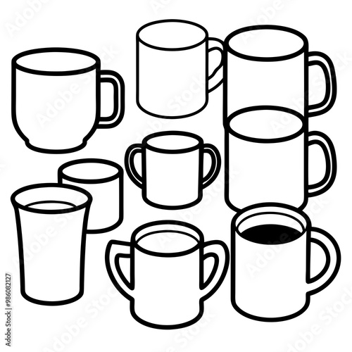 Set Of Cups Line Art Vector Illustration