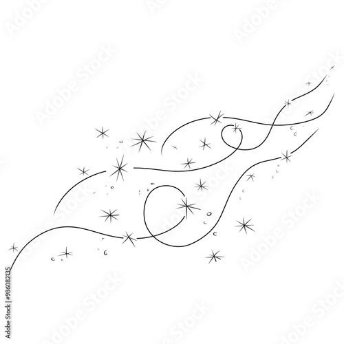 Doodle air wind and flying snowflakes in hurricane blow or windy storm, line vector. Winter season, snow in blowing motion with spiral windy twirls